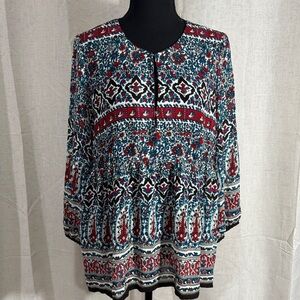 Charter Club Boho Printed Peasant Blouse - Red, Teal & Black